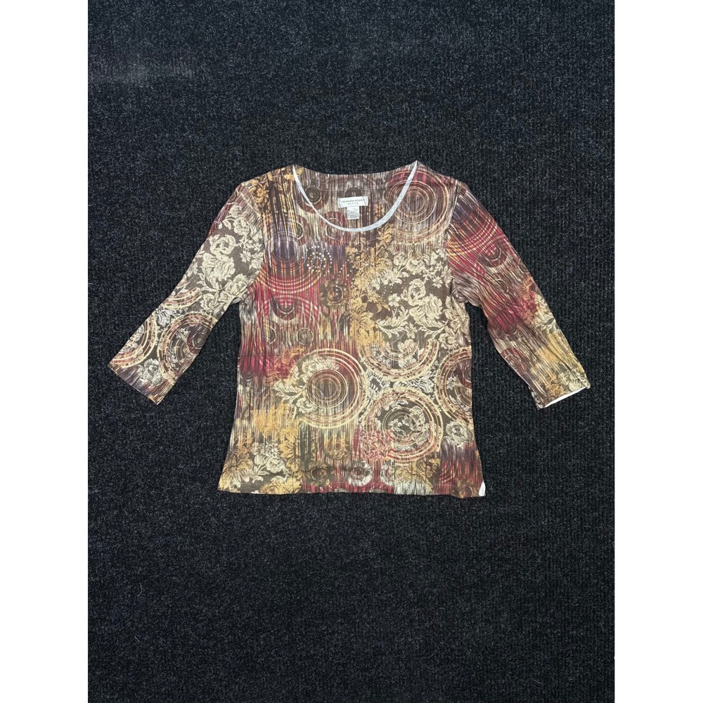 Christopher & Banks Petite Medium Top Brown Abstract 3/4 Sleeve Rhinestone